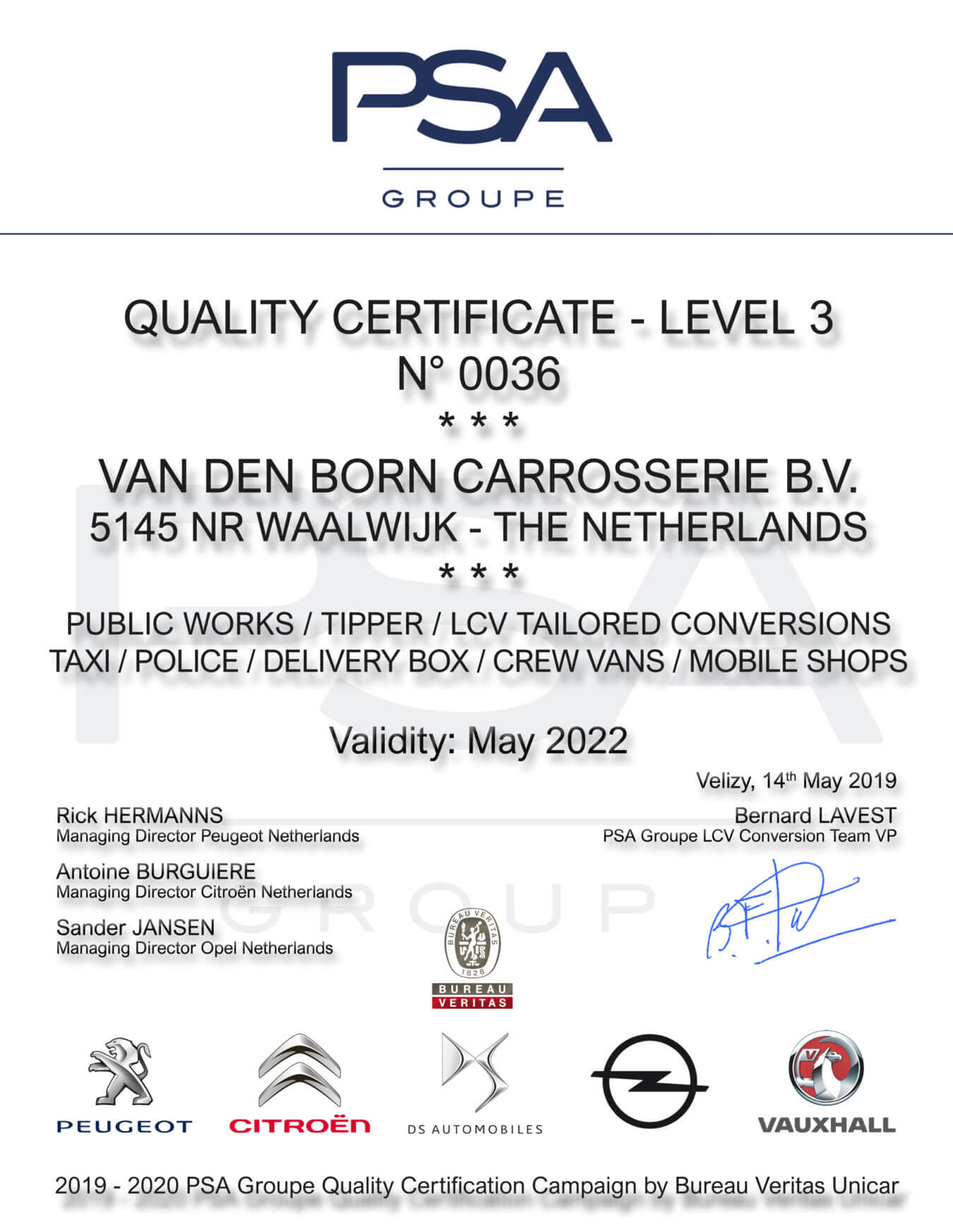 psa groupe conversion certificate